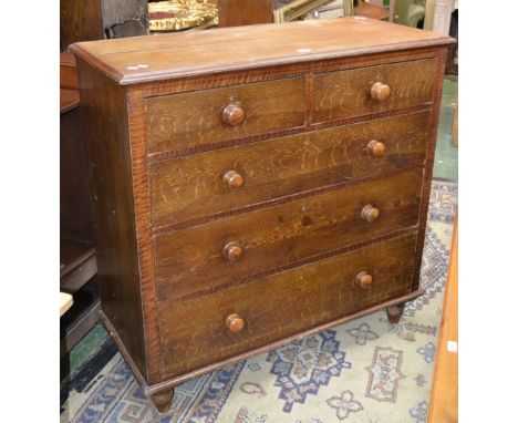 A late Victorian stained pine chest, moulded top, two short drawers over three long, button handles, turned feet.