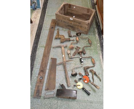 Tools - hand drills, various; saw; wood plane, c.1920; spirit measure; others, early 20th century and onwards