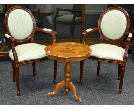 Two Regency reproduction open arm chairs; An inlaid tripod table (3)