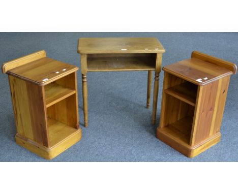 A pair of contemporary pine bedside cabinets; a pine bookcase; a light oak side table (4)