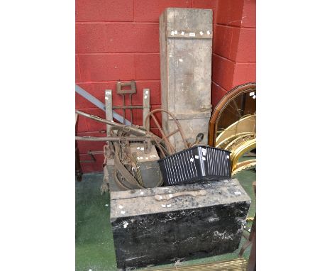 A carpenter's chest and tools; two other boxes; horse hames; brass stair rods; andirons; saddle stand; etc.