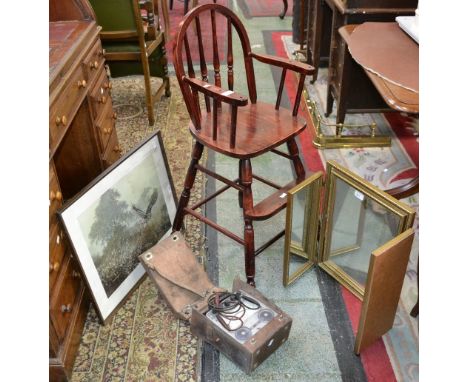 Household - a child's nursery chair; volt meter, cased, early 20th century; three panel dressing mirror; print (4)