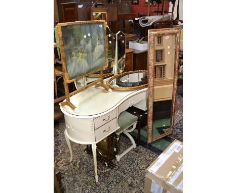 A Rococo revival kidney shaped dressing table and stool; a brass top collapsible table; a walnut veneered bedside table; thre