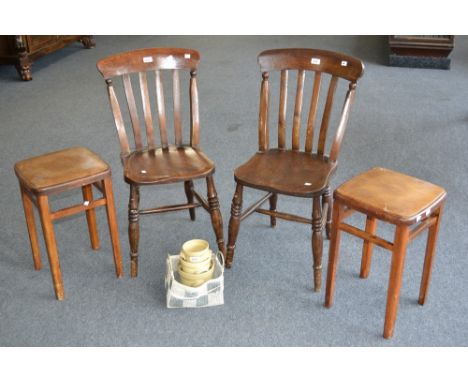 A pair of elm kitchen chairs; a pair of 1920s stools; a bevelled wall mirror; ceramic jars
