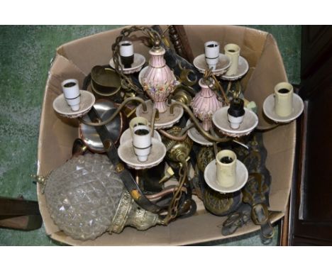 A pair of mid 20th century five branch electroliers; a glass light fitting; a pair of brass candlesticks; other brass; quanti