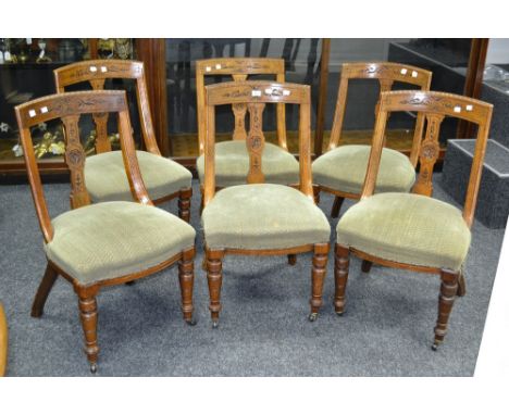 A set of six Victorian oak dining chairs, turned legs, ceramic legs, c1870