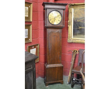 A George III oak longcase clock,  13.5cm circular engraved brass dial, Roman chapter, subsidiary minute and date aperture,  s