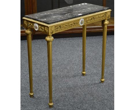 A Louis XVI revival gilt centre table, marble top, moulded frieze applied with ceramic plaque decorated with courting scenes,