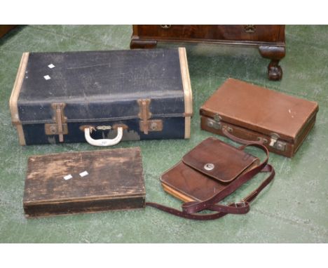 Vintage Luggage - A 1950's suitcase; A leather effect valise; A leather dispatch satchel; A wooden box (4)
