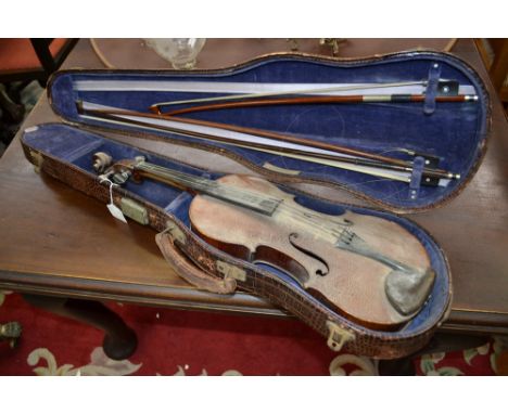 A violin, two-piece back 35.5cm long excluding button, 61cm long overall; two violin bows, unsigned; a cello bow (4)