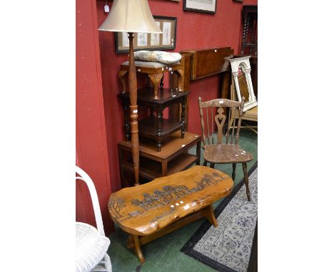 A coffee table; two wicker chairs; a standard lamp; a spindle back chair; a two tier occasional table; etc.