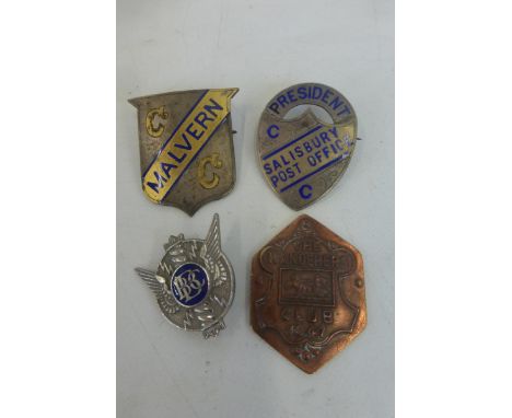 Four assorted badges - a silver and enamel President Salisbury Post Office, Malvern C.C., a white metal and enamel B.B.C. and