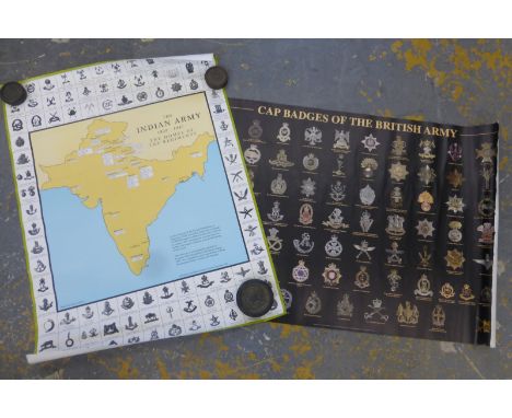Two large wall posters in cardboard tubes "Badges of the Indian Army" and "Cap Badges of the British Army".
