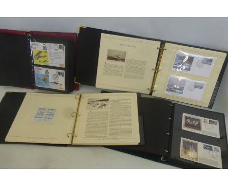 Three albums of military first day covers, two albums The History of WWII in Postage Stamps, and Royal Air Force Squadrons an