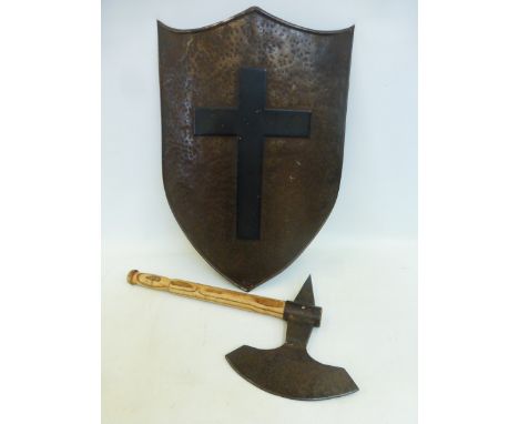 A good quality metal shield approximately 23 5/8" by 141 1/8" and a wooden shafted battle axe with heavy iron head.