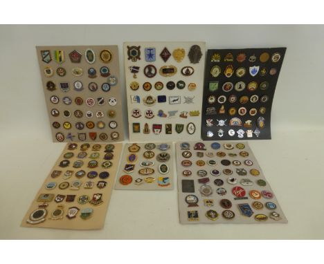 Six cards displaying assorted badges, some enamel, on a variety of subjects including sporting.