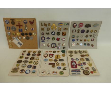 Six cards displaying assorted badges, some enamel, including London Midland Scottish Railway, Russian, etc.