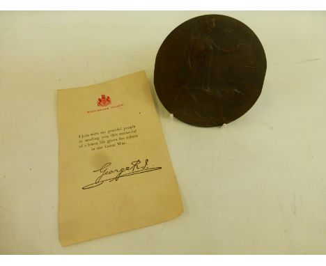 A WWI memorial plaque with Buckingham Palace letter named to CHARLES HENRY JACKSON of the South Wales Borderers who died on 1