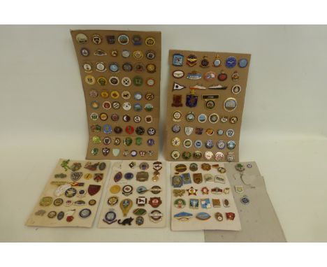 Six cards displaying assorted badges, some enamel, including Russian, sporting, etc.