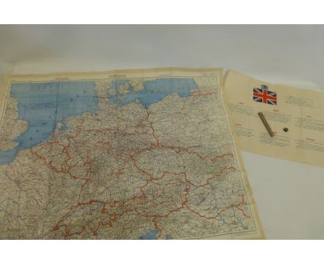 A WWII British Army escape kit comprising of a printed letter in seven languages, a silk double sides map showing Germany and