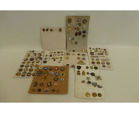 Eight cards of assorted badges including enamel, on various subjects.