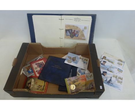 A box of assorted first day covers with coinage including 12 D-Day commemorative.