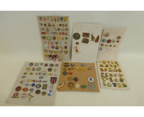 Six cards displaying assorted badges, some enamel, on various subjects.