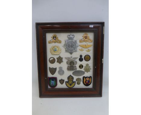 A framed display of 22 police and military badges. The Devon & Cornwall helmet badge is approximately 4 1/4 x 3 1/2".. All ap