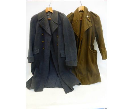 A 1952 dated British Army great coat and an undated Royal Air Force Crombie great coat.
