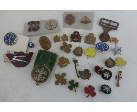 An assortment of early and later scouting badges including a white metal badge with green glass - 1920s Scout Master Officer 