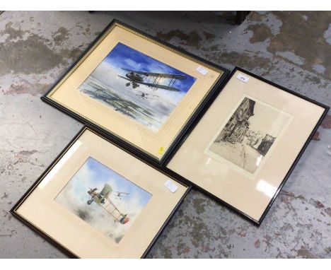 Two watercolours of military aircraft by John Smith, and an etching by Dorothy Sweet