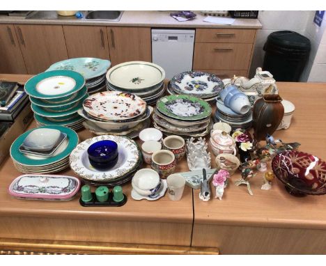 Collection of decorative china and ornaments including Bing &amp; Grondahl, Goebel birds, 19th century plates, etc
