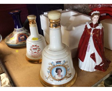 Royal Worcester figure the Queens 80th Birthday 2006, boxed as new and three Royal Commemorative ceramic bell decanters