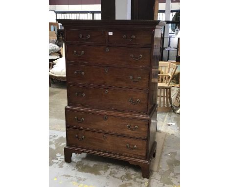 Georgian mahogany chest on chest with dentil cornice, an arrangement of two short and five long drawers with original brass h