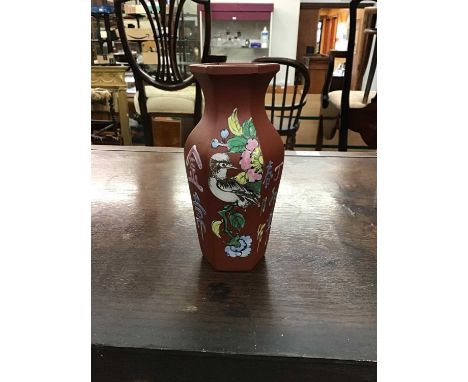 Chinese Yixing pottery vase, hexagonal form, with enamel bird, flower and calligraphy decorationCondition report: Very good. 