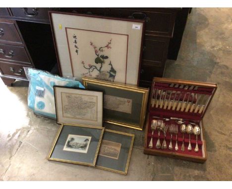 Framed Chinese painting, group of antique framed prints and maps of Essex, Masonic sash and a canteen of plated cutlery