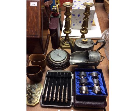 Figured walnut work box, pair brass candlesticks, plated items including set six silver handled butter knives in case, wall b