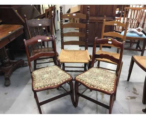 Five various chairs including two ladder backs with receded seats, pair hall chairs with tapestry seats and one other