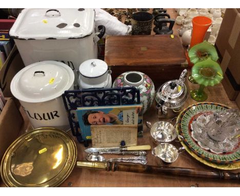 Vintage enamel kitchen ware, Victorian writing slope, ceramics, glass, silver plate, Joyce Grenfel signed book, 19th century 
