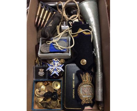 Group military buttons, badges, enamel pins, whistle, penknives, other military related items and coins