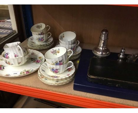 Royal Worcester Roanoke pattern six place setting teaset, plated cased spoons and other plate