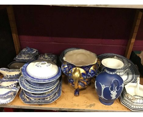 Selection of blue and white dinner ware plus planter