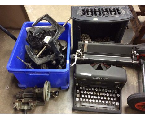 Black metal Belling heater, vintage typewriter, metal shoe trees and other metal items