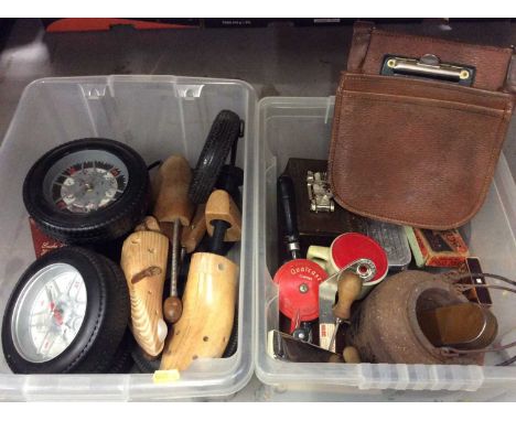 Old leather railway ticket collectors bag, tyre clocks, wooden shoe trees and sundries