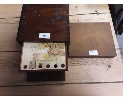 Collection of microscope slides in cabinet, plus others in wooden box