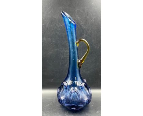 A cobalt blue Art glass jug with pulled base and amber handle (H43cm)Condition Report Light marks inside needs a clean&nbsp;