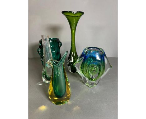 Five Art glass various sixes and colours of green Condition Report light scratches and watermarks inside one vase&nbsp;