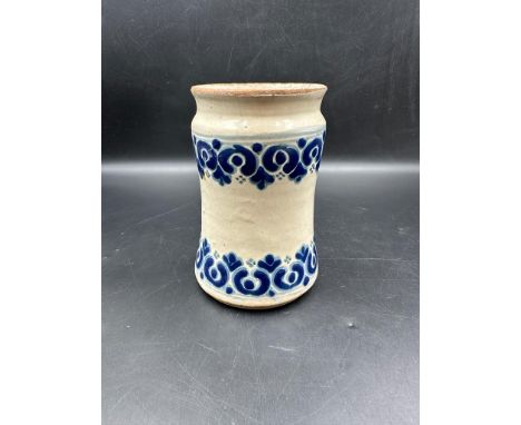 'Talavera Po Blana' Mexican Albarello from Puebla, blue and white, approximately 14cm in height AF with chip and repairs. App