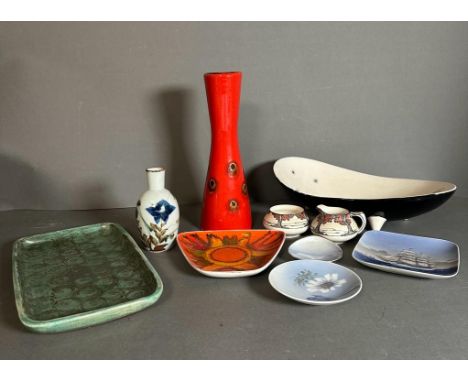 A selection of pottery to include a German vase, Poole pottery dish and others 