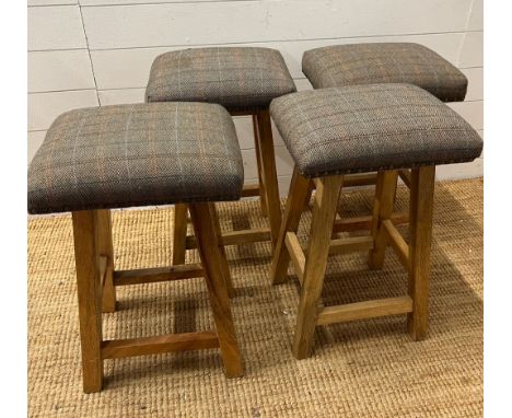 Four light oak stools with herringbone fabric (H60cm W42cm D31cm)